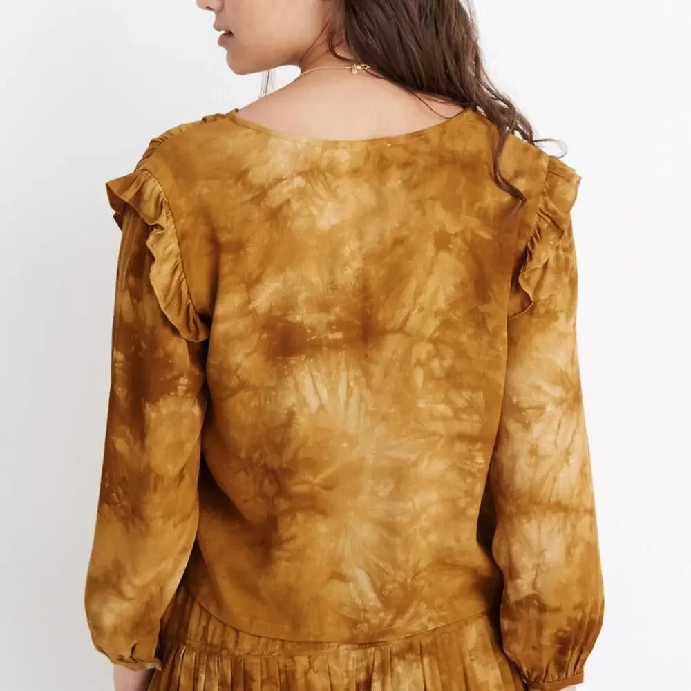 Madewell Tie-dyed Gold Blouse Puff Sleeve Ruffled Slightly Cropped Top